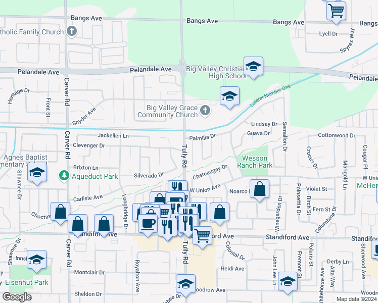 map of restaurants, bars, coffee shops, grocery stores, and more near 3833 Pan-Am Drive in Modesto