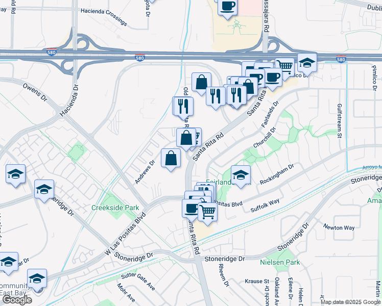 map of restaurants, bars, coffee shops, grocery stores, and more near 3506 Old Santa Rita Road in Pleasanton