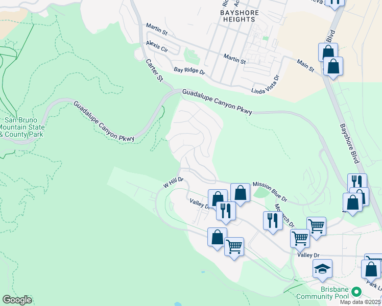 map of restaurants, bars, coffee shops, grocery stores, and more near 625 Callippe Court in Brisbane