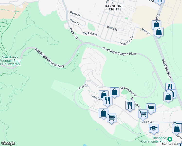 map of restaurants, bars, coffee shops, grocery stores, and more near 625 Callippe Court in Brisbane