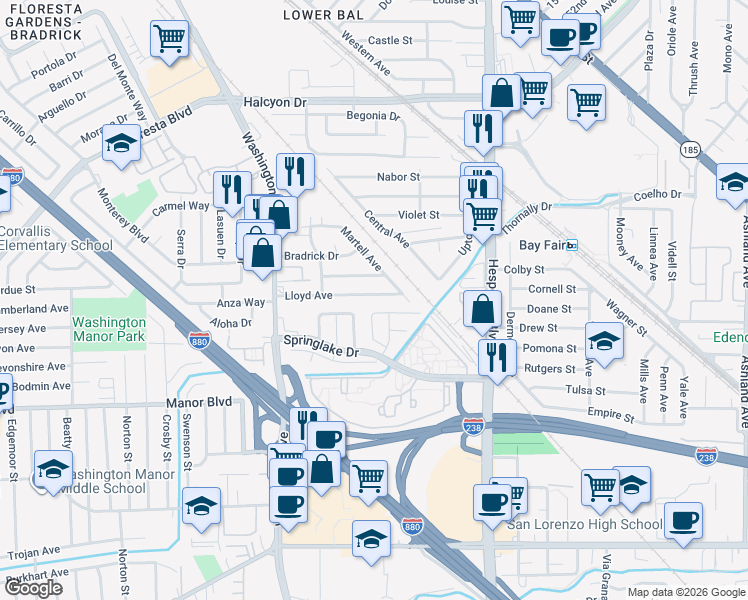 map of restaurants, bars, coffee shops, grocery stores, and more near 466 Lloyd Avenue in San Leandro