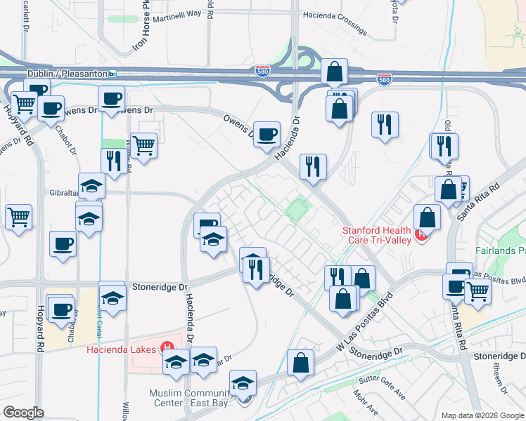 map of restaurants, bars, coffee shops, grocery stores, and more near 5219 Genovesio Drive in Pleasanton