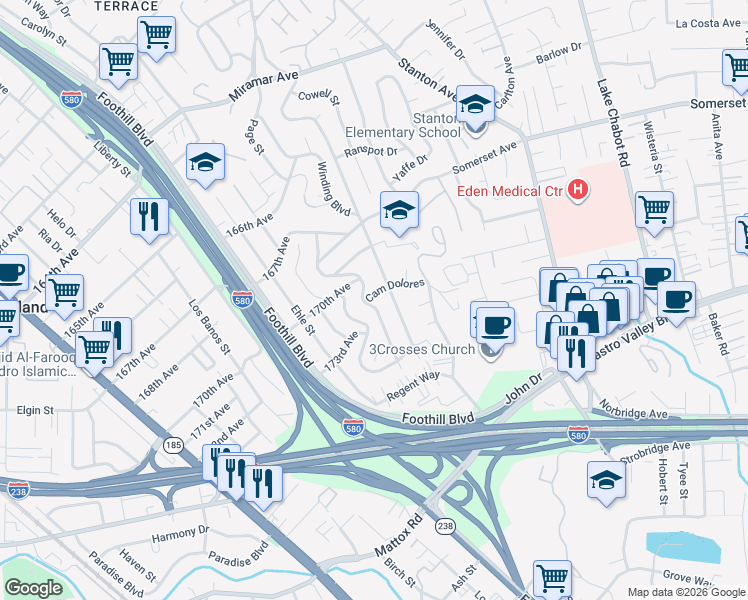 map of restaurants, bars, coffee shops, grocery stores, and more near 2209 Camino Dolores in Castro Valley