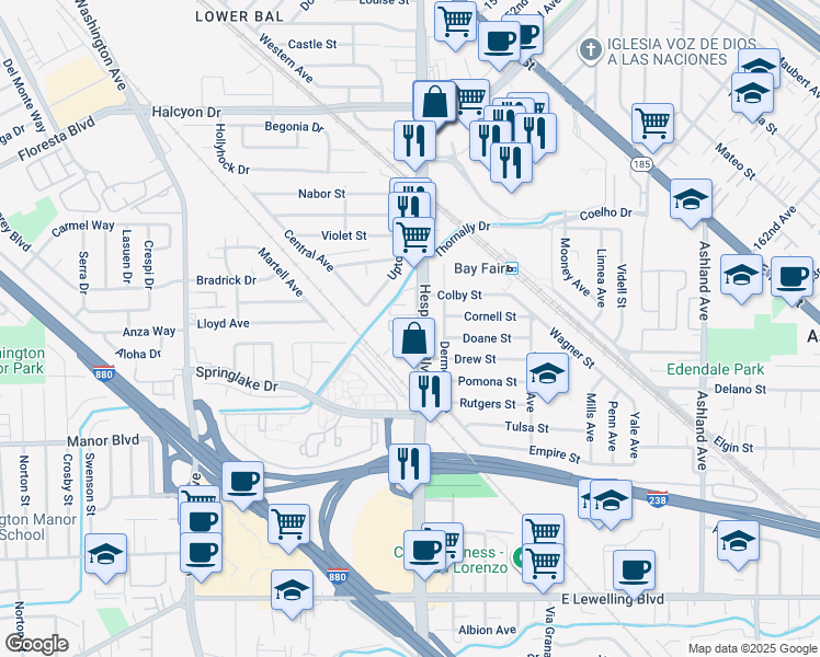 map of restaurants, bars, coffee shops, grocery stores, and more near 15267 Hesperian Boulevard in San Leandro