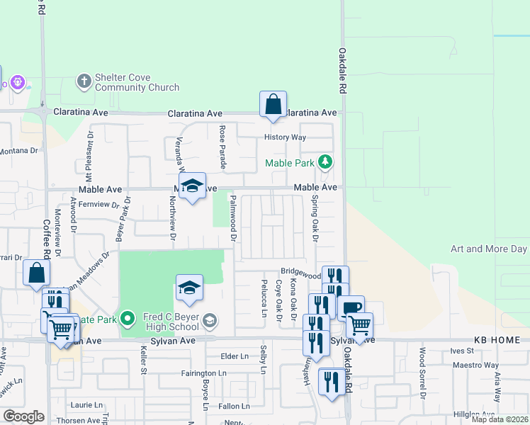 map of restaurants, bars, coffee shops, grocery stores, and more near 3920 Pali Place in Modesto