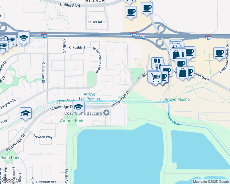 map of restaurants, bars, coffee shops, grocery stores, and more near 3366 Vermont Place in Pleasanton