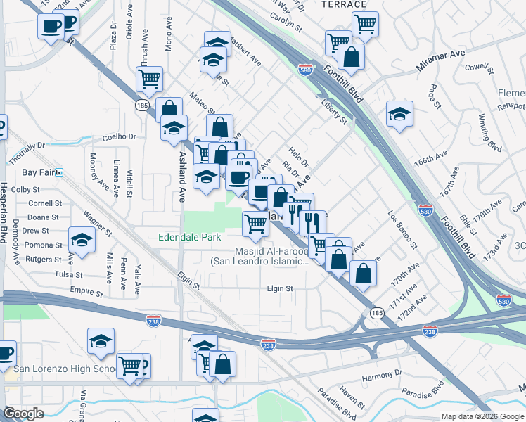 map of restaurants, bars, coffee shops, grocery stores, and more near East 14th Street in San Lorenzo