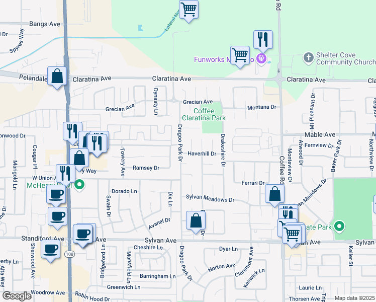 map of restaurants, bars, coffee shops, grocery stores, and more near 805 Haverhill Drive in Modesto