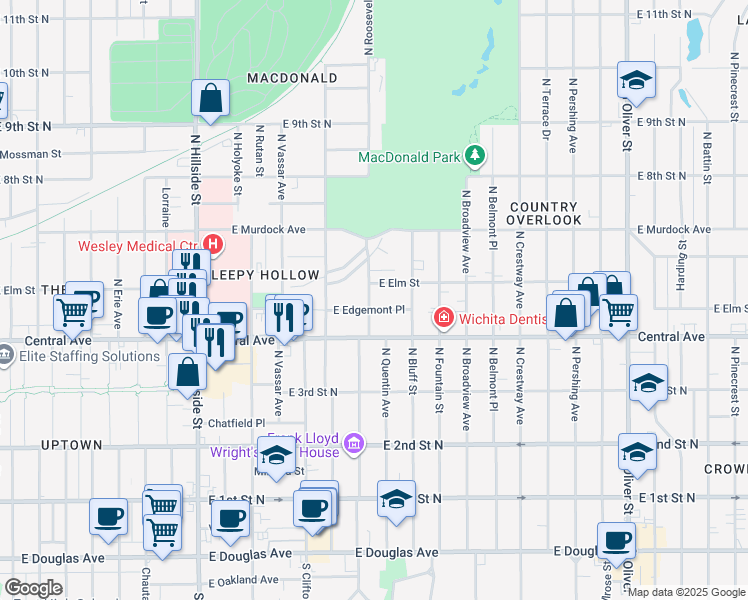 map of restaurants, bars, coffee shops, grocery stores, and more near 540 N Roosevelt Ave in Wichita