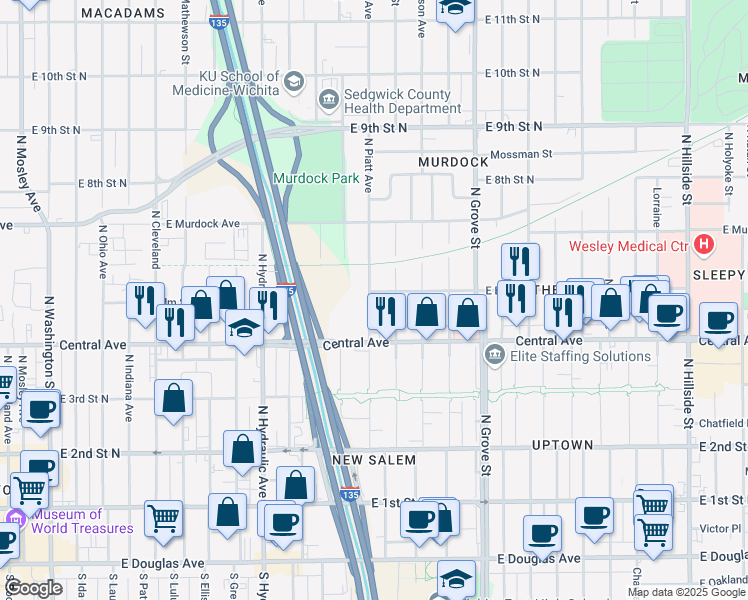 map of restaurants, bars, coffee shops, grocery stores, and more near 548 North Piatt Street in Wichita