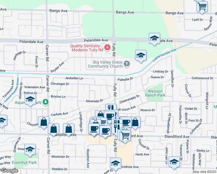 map of restaurants, bars, coffee shops, grocery stores, and more near 1316 Clevenger Drive in Modesto