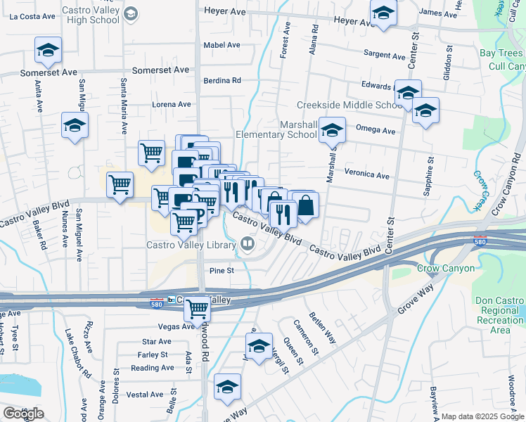 map of restaurants, bars, coffee shops, grocery stores, and more near 20672 Maria Court in Castro Valley