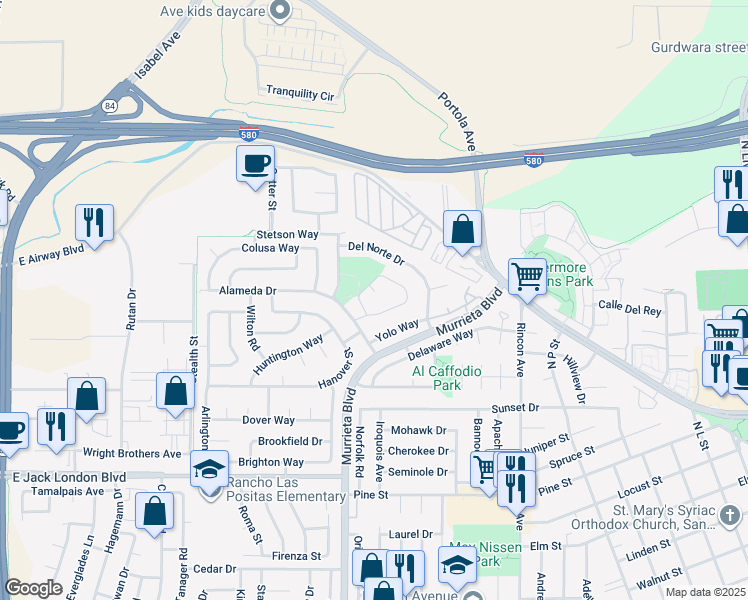map of restaurants, bars, coffee shops, grocery stores, and more near 634 Placer Court in Livermore