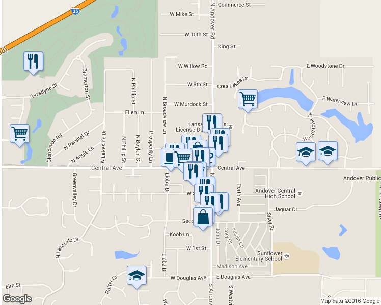 map of restaurants, bars, coffee shops, grocery stores, and more near 215 West Lee Street in Andover