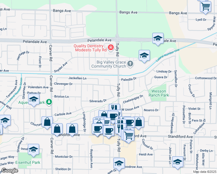 map of restaurants, bars, coffee shops, grocery stores, and more near 1316 Clevenger Drive in Modesto
