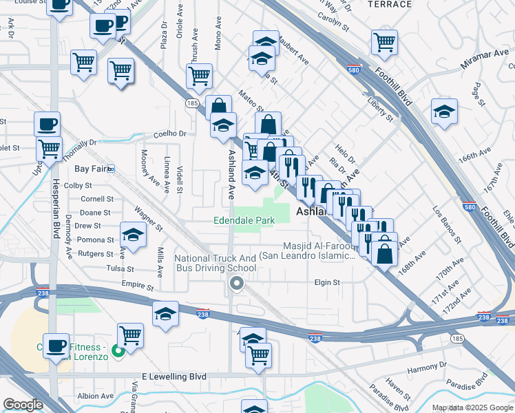 map of restaurants, bars, coffee shops, grocery stores, and more near 16160 Ashland Avenue in San Lorenzo