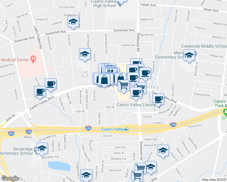 map of restaurants, bars, coffee shops, grocery stores, and more near 20853 Wilbeam Avenue in Castro Valley