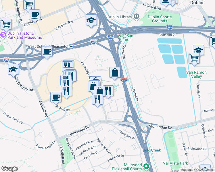 map of restaurants, bars, coffee shops, grocery stores, and more near 6220 Genomics Place in Pleasanton