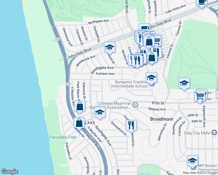 map of restaurants, bars, coffee shops, grocery stores, and more near 963 Foothill Drive in Daly City