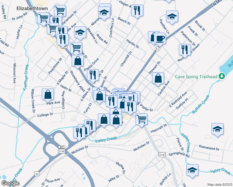 map of restaurants, bars, coffee shops, grocery stores, and more near 211 Plum Alley in Elizabethtown