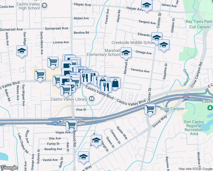 map of restaurants, bars, coffee shops, grocery stores, and more near 20674 Forest Avenue in Castro Valley