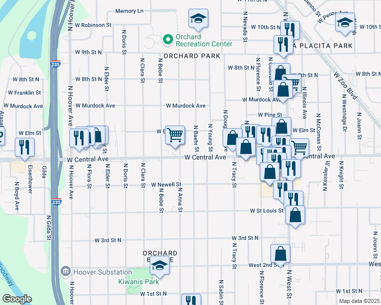 map of restaurants, bars, coffee shops, grocery stores, and more near 4710 West Central Avenue in Wichita