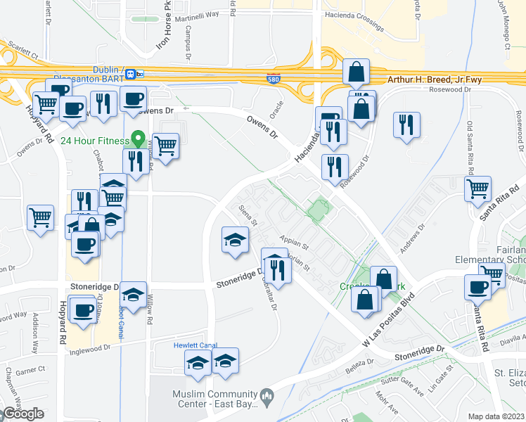 map of restaurants, bars, coffee shops, grocery stores, and more near 3996 Appian Street in Pleasanton