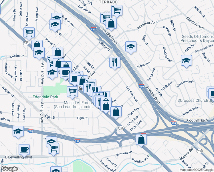 map of restaurants, bars, coffee shops, grocery stores, and more near 1530 165th Avenue in San Leandro