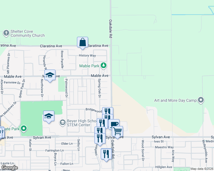 map of restaurants, bars, coffee shops, grocery stores, and more near 2121 Spring Oak Court in Modesto