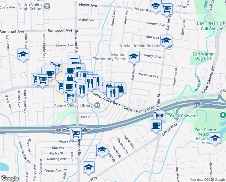 map of restaurants, bars, coffee shops, grocery stores, and more near 20674 Forest Avenue in Castro Valley