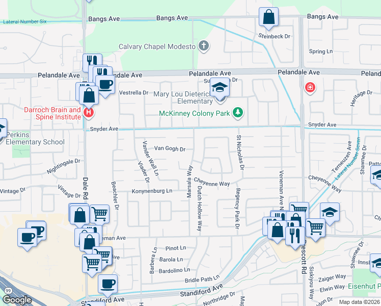 map of restaurants, bars, coffee shops, grocery stores, and more near 3819 Marsala Way in Modesto