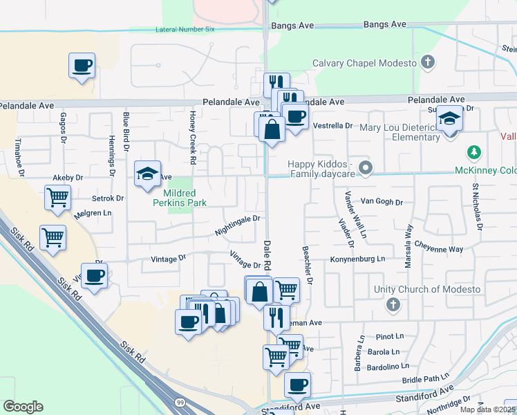 map of restaurants, bars, coffee shops, grocery stores, and more near 3929 Dale Road in Modesto