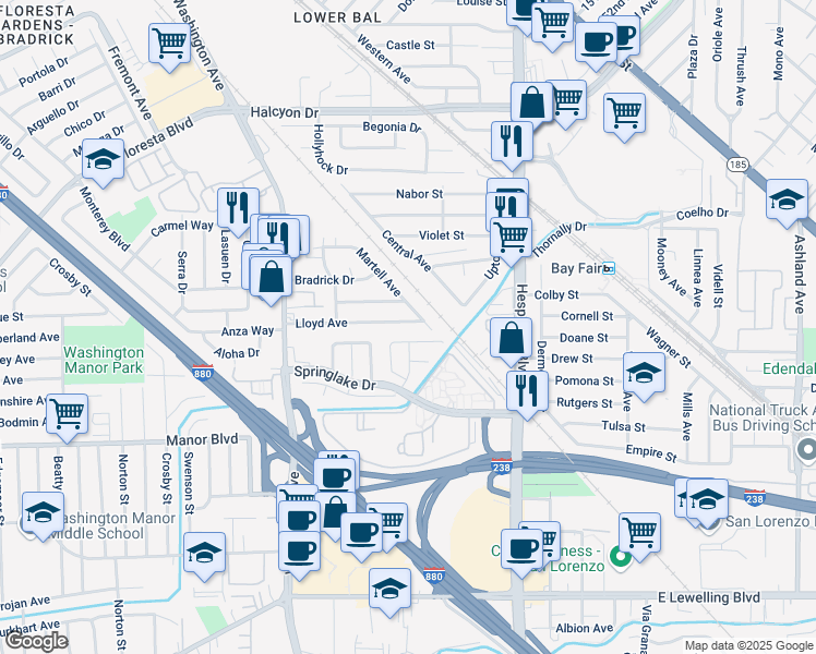 map of restaurants, bars, coffee shops, grocery stores, and more near 478 Lloyd Avenue in San Leandro