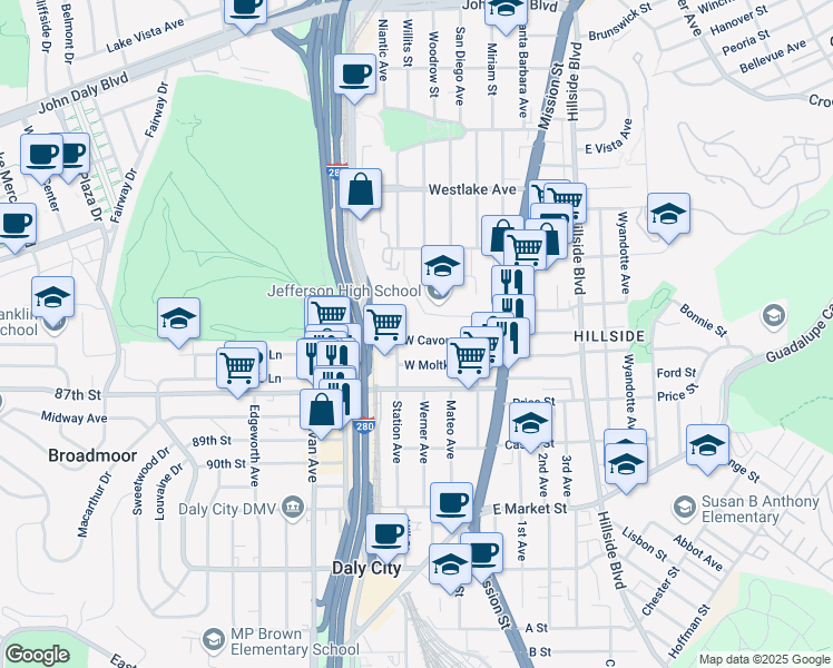 map of restaurants, bars, coffee shops, grocery stores, and more near 98 West Cavour Street in Daly City