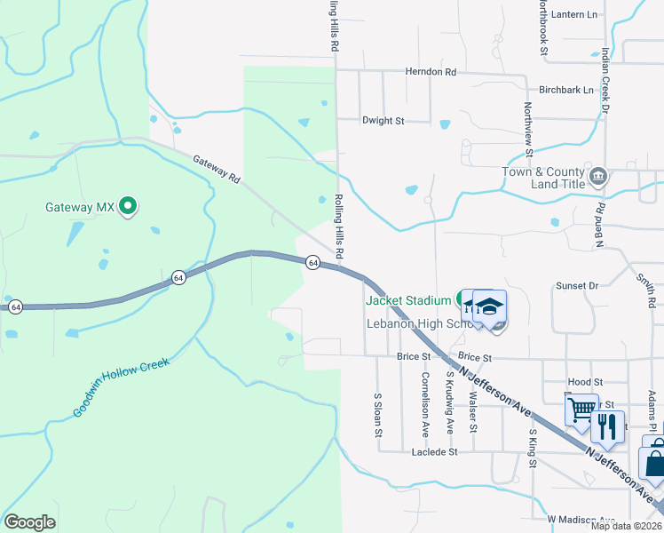 map of restaurants, bars, coffee shops, grocery stores, and more near 26855 Missouri 64 in Lebanon