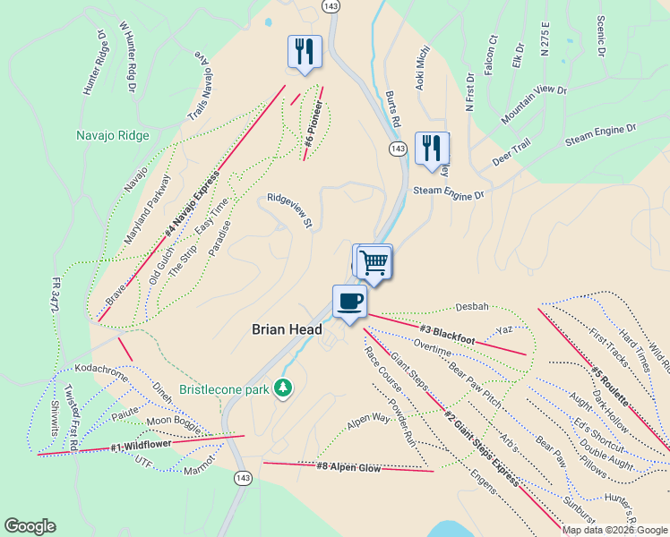 map of restaurants, bars, coffee shops, grocery stores, and more near 226 Utah 143 in Brian Head