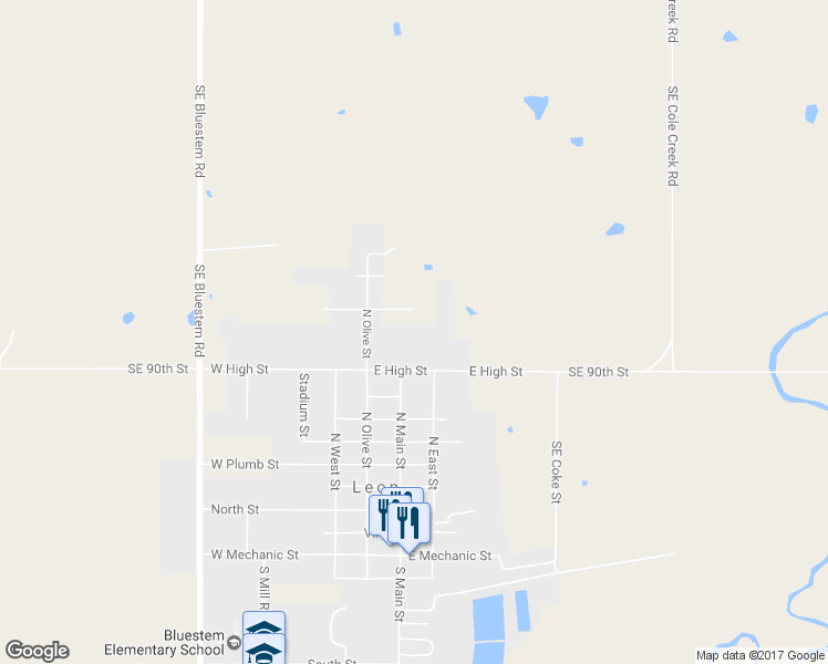 map of restaurants, bars, coffee shops, grocery stores, and more near 112 East High Street in Leon