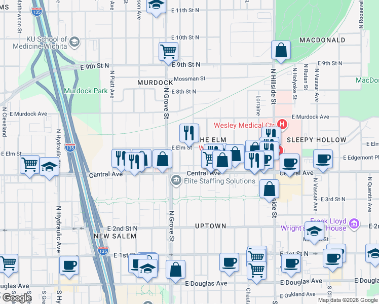 map of restaurants, bars, coffee shops, grocery stores, and more near 544 North Poplar Street in Wichita