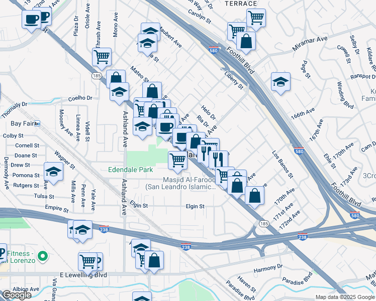 map of restaurants, bars, coffee shops, grocery stores, and more near 16392 East 14th Street in San Leandro