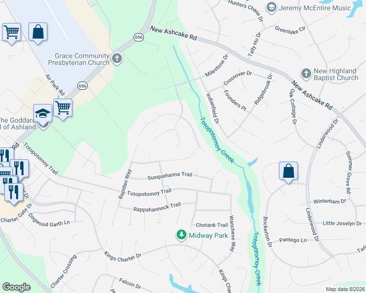 map of restaurants, bars, coffee shops, grocery stores, and more near 11103 Manor View Drive in Mechanicsville