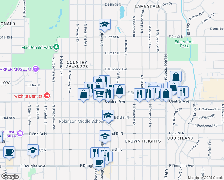 map of restaurants, bars, coffee shops, grocery stores, and more near 610 North Glendale Street in Wichita