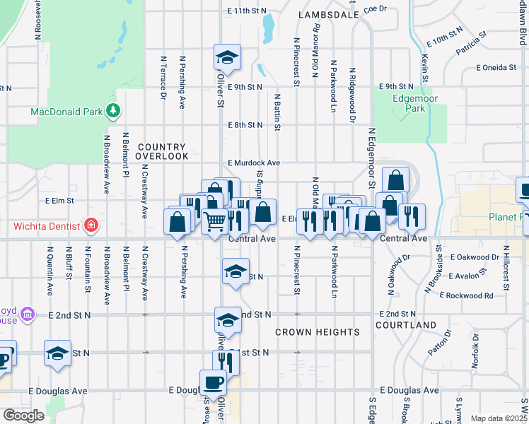 map of restaurants, bars, coffee shops, grocery stores, and more near 610 Harding Street in Wichita