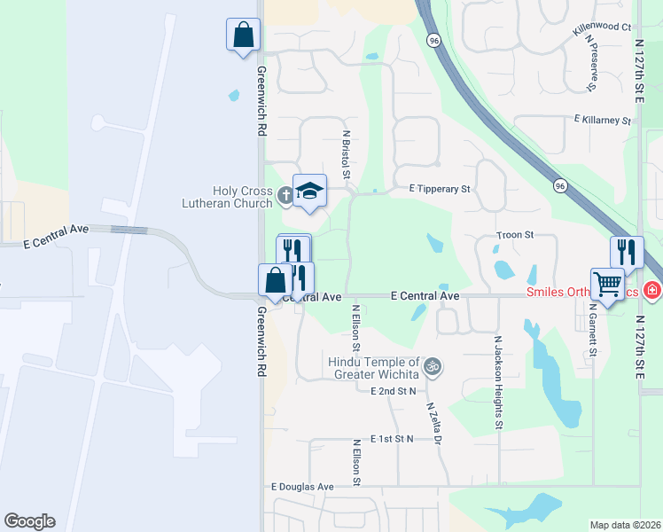 map of restaurants, bars, coffee shops, grocery stores, and more near 519 North Bristol Court in Wichita