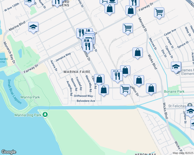 map of restaurants, bars, coffee shops, grocery stores, and more near 14351 Doolittle Drive in San Leandro