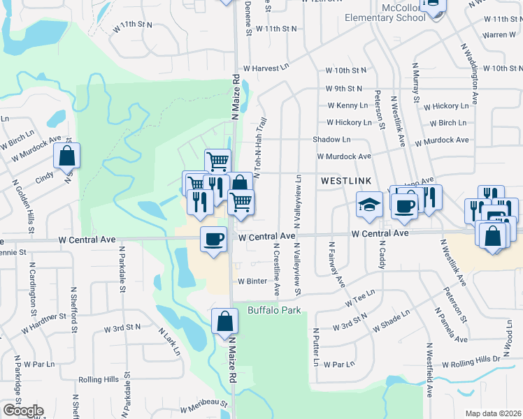 map of restaurants, bars, coffee shops, grocery stores, and more near 744 North Toh-N-Hah Trail in Wichita