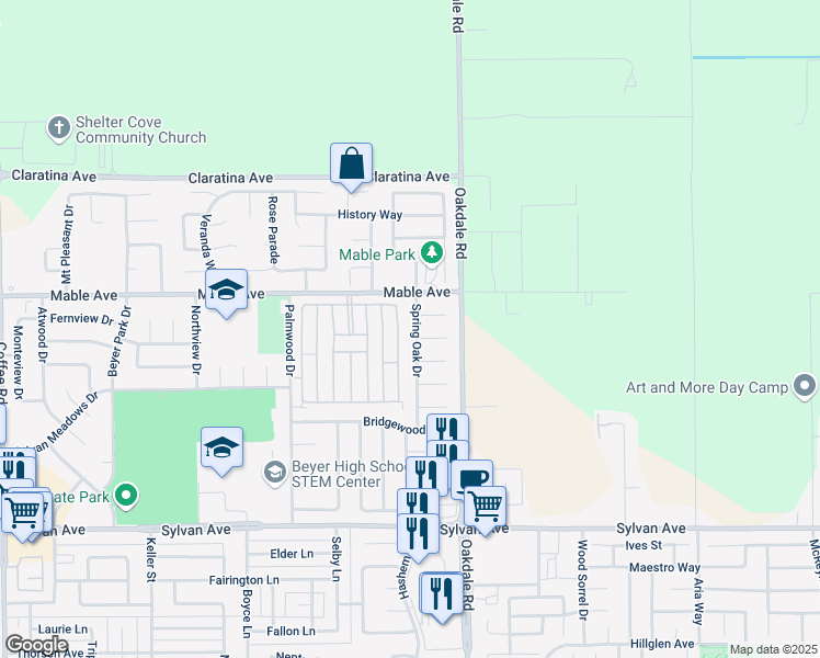 map of restaurants, bars, coffee shops, grocery stores, and more near 3917 Spring Oak Drive in Modesto