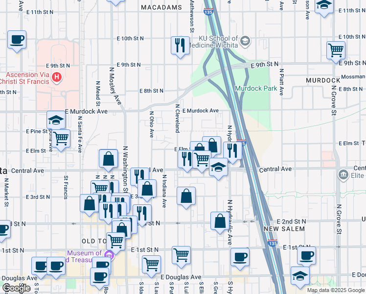 map of restaurants, bars, coffee shops, grocery stores, and more near 1406 East Elm Street in Wichita