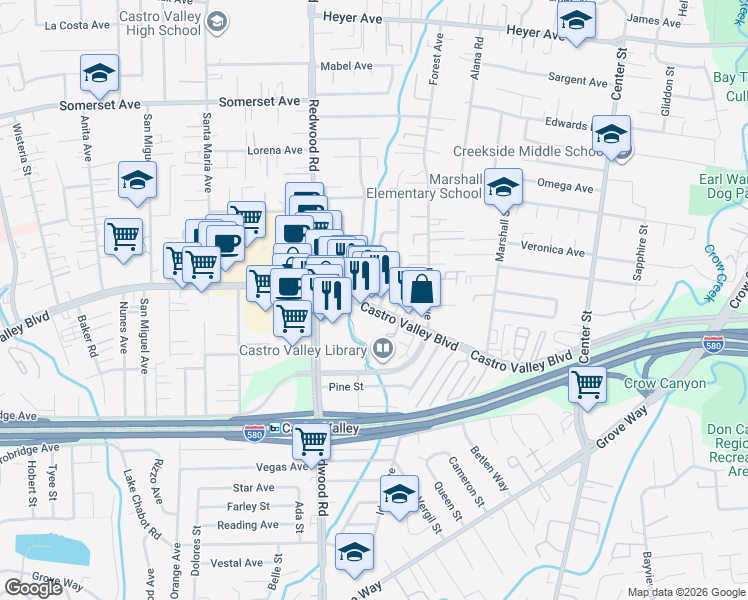 map of restaurants, bars, coffee shops, grocery stores, and more near 3692 Castro Valley Boulevard in Castro Valley