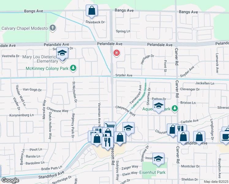 map of restaurants, bars, coffee shops, grocery stores, and more near 3817 Rotterdam Avenue in Modesto
