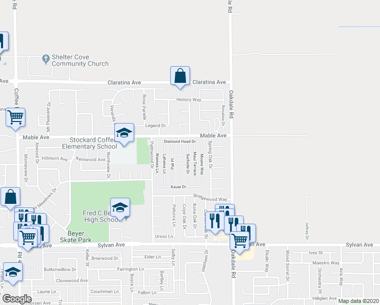 map of restaurants, bars, coffee shops, grocery stores, and more near 3917 Maui Terrace in Modesto